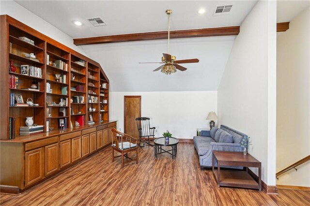 805 Rue Royal St, Metairie, LA 70005 - sitting room with vaulted ceiling with beams, a ceiling fan, visible vents, and light wood finished floors