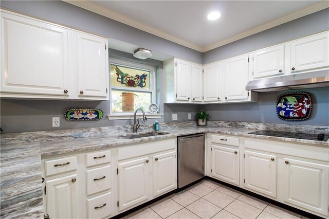 6 Country Club Dr, La Place, LA 70068 - kitchen featuring a sink, white cabinets, under cabinet range hood, stainless steel dishwasher, and black electric cooktop