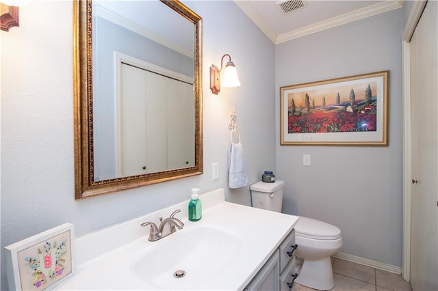6 Country Club Dr, La Place, LA 70068 - bathroom featuring vanity, visible vents, crown molding, tile patterned floors, and toilet