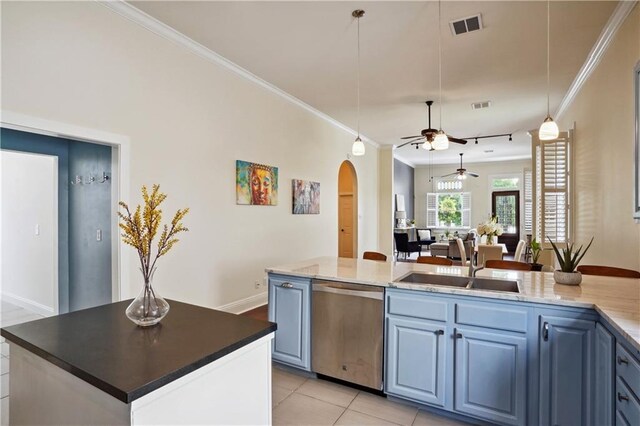 kitchen featuring visible vents, ceiling fan, stainless steel dishwasher, arched walkways, and a sink