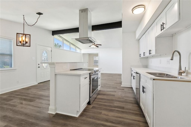 423 Bruce Ave, Terrytown, LA 70056 - kitchen with dark wood-style flooring, a sink, stainless steel appliances, island range hood, and vaulted ceiling with beams