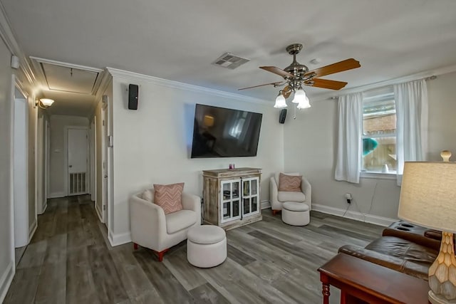 9025 Camille Ct, River Ridge, LA 70123 - living room with attic access, ornamental molding, ceiling fan, visible vents, and wood finished floors