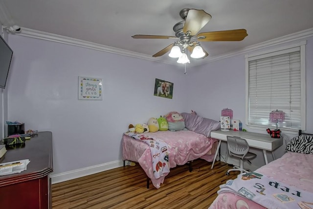 9025 Camille Ct, River Ridge, LA 70123 - bedroom featuring baseboards, crown molding, wood finished floors, and ceiling fan