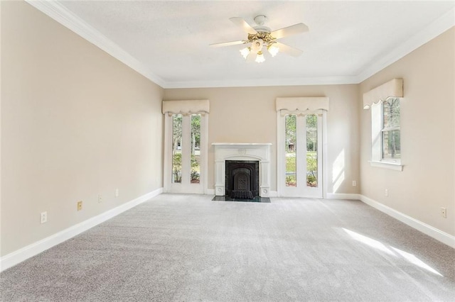 30310 Saint John Dr, Lacombe, LA 70445 - unfurnished living room with carpet, a ceiling fan, ornamental molding, and baseboards