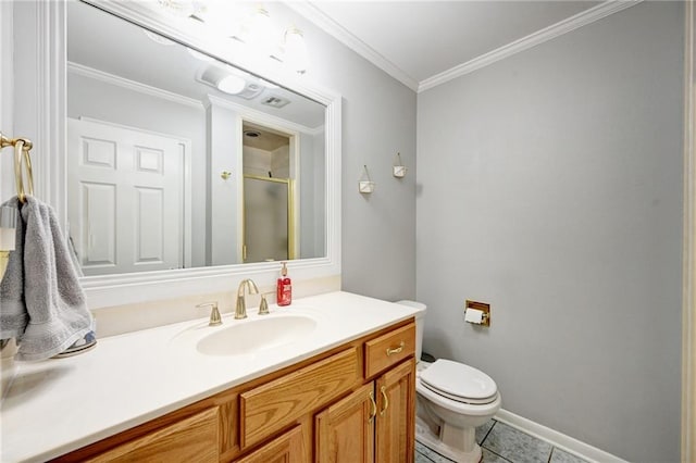 1901 N Turnbull Dr, Metairie, LA 70001 - bathroom with a stall shower, vanity, tile patterned floors, and crown molding