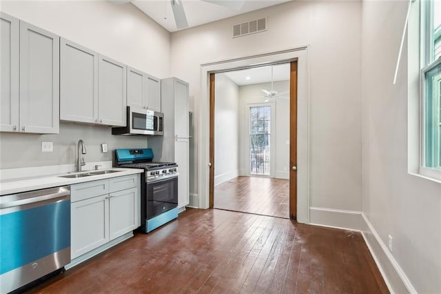 kitchen featuring ceiling fan, a sink, stainless steel appliances, dark wood-type flooring, and visible vents