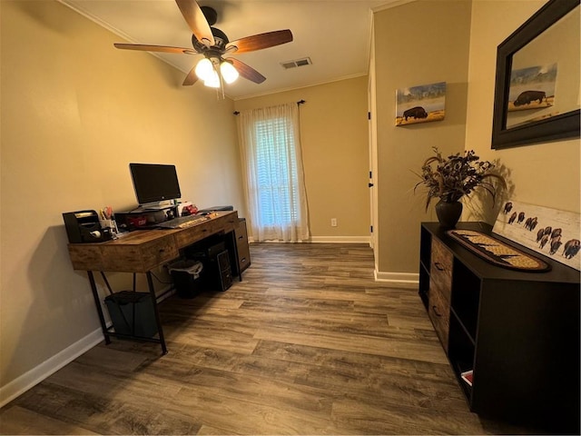 7241 Line Rd, Ethel, LA 70730 - office space featuring visible vents, crown molding, a ceiling fan, and dark wood-style flooring