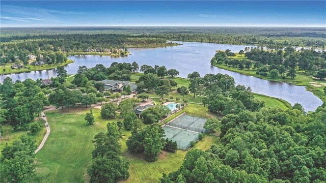 aerial view featuring a water view and a wooded view