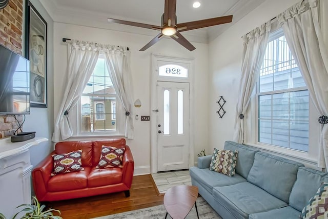 326 N Tonti St, New Orleans, LA 70119 - entrance foyer featuring ceiling fan, wood finished floors, and recessed lighting