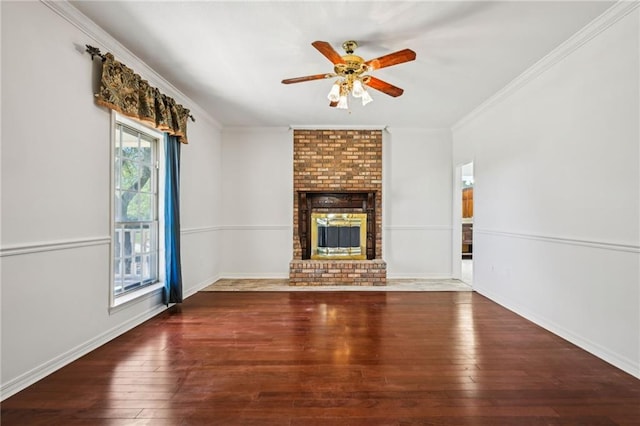 unfurnished living room with crown molding, a ceiling fan, and hardwood / wood-style floors