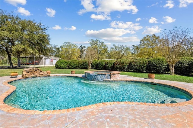 view of pool with a pool with connected hot tub