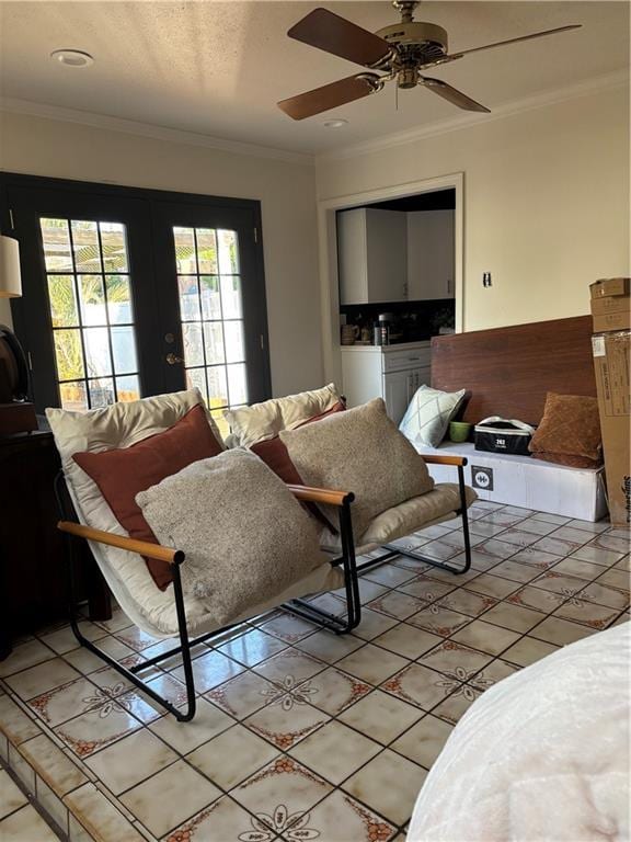 372931 Lilac Ln, Metairie, LA 70001 - living room with light tile patterned flooring, french doors, ceiling fan, and ornamental molding