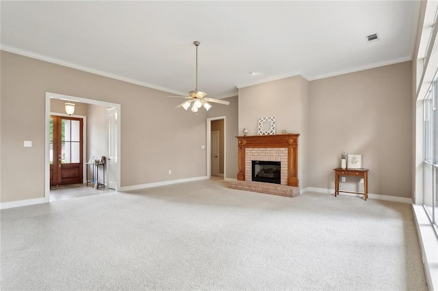 112 Landings Blvd, Slidell, LA 70461 - unfurnished living room with ornamental molding, baseboards, a brick fireplace, and a ceiling fan