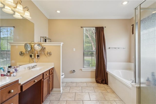 full bath with a wealth of natural light, toilet, vanity, and ornamental molding