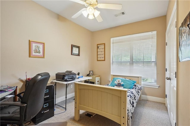 bedroom with visible vents, ceiling fan, baseboards, and carpet floors