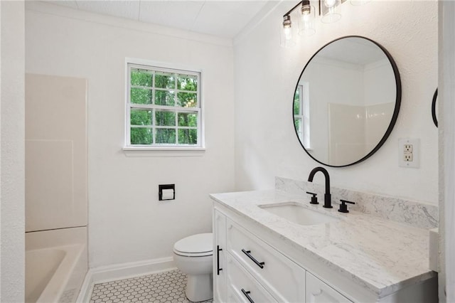 full bathroom with toilet, tile patterned floors, vanity, and baseboards