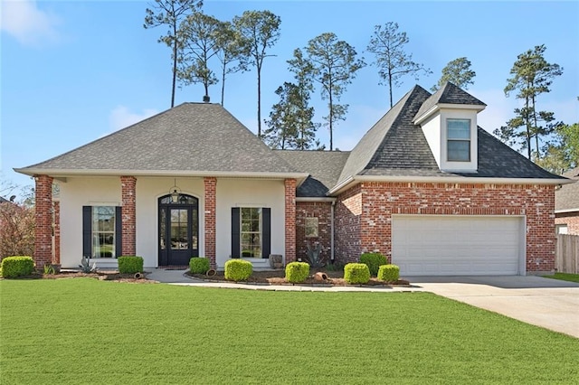 view of front of home with a garage, a front lawn, concrete driveway, and roof with shingles