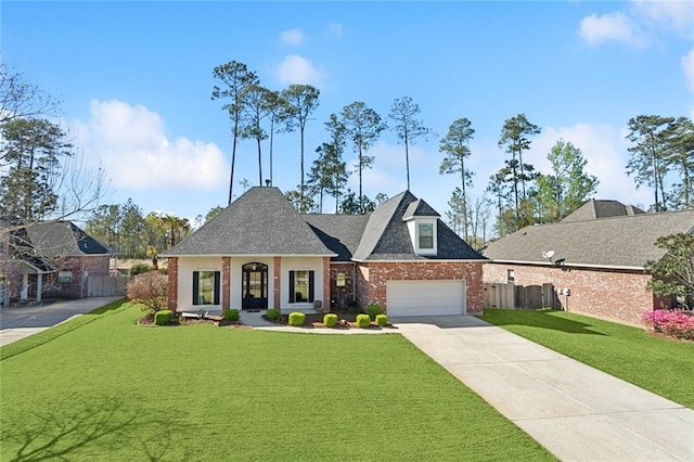 french provincial home featuring concrete driveway, fence, a front yard, brick siding, and a garage