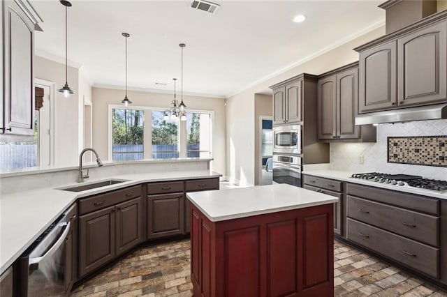 kitchen featuring a sink, appliances with stainless steel finishes, under cabinet range hood, visible vents, and ornamental molding