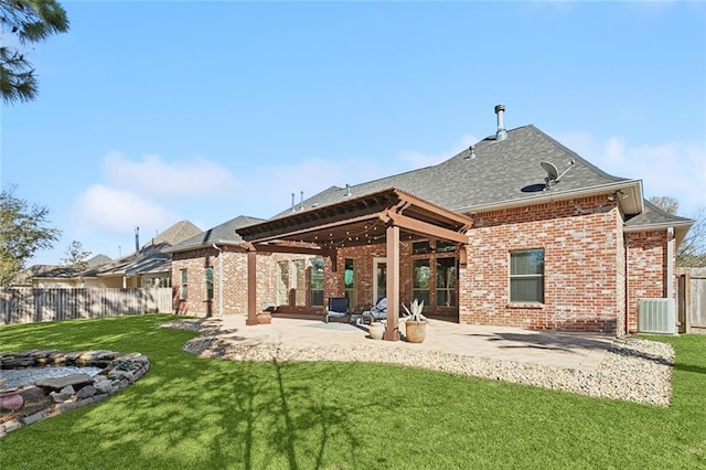back of property featuring a patio, brick siding, fence, and cooling unit