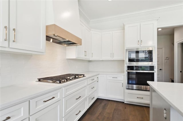 kitchen featuring premium range hood, light countertops, white cabinetry, backsplash, and stainless steel appliances
