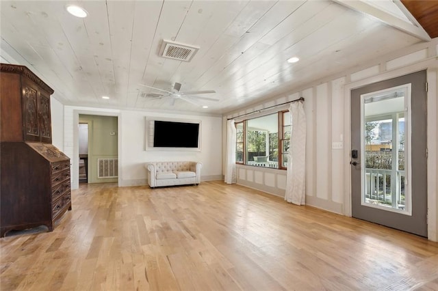 1612 Mossy St, Covington, LA 70433 - unfurnished room featuring light wood finished floors, visible vents, wood ceiling, and a ceiling fan