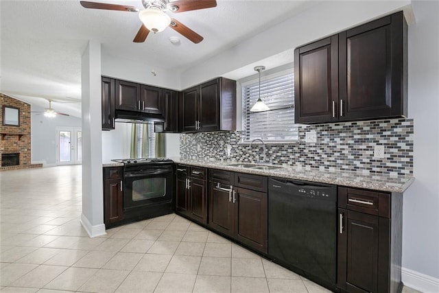 302 Bogie Dr Unit 25D, Slidell, LA 70460 - kitchen featuring black appliances, a ceiling fan, tasteful backsplash, and dark brown cabinetry