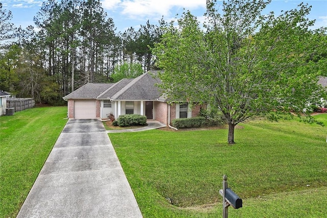 view of front of property featuring central air condition unit, a garage, brick siding, a front lawn, and driveway