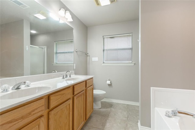 full bathroom featuring visible vents, a sink, a stall shower, and double vanity