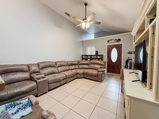 5930 Louisville St, New Orleans, LA 70124 - living room with light tile patterned floors, visible vents, a ceiling fan, and vaulted ceiling