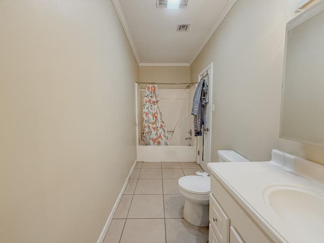 5930 Louisville St, New Orleans, LA 70124 - bathroom featuring tile patterned flooring, visible vents, crown molding, shower / tub combo with curtain, and vanity