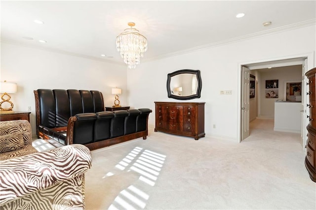 5878 General Haig St, New Orleans, LA 70124 - bedroom featuring crown molding, light carpet, a chandelier, and recessed lighting