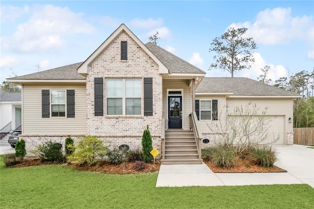 view of front facade featuring a front yard, a garage, brick siding, concrete driveway, and entry steps
