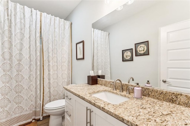 bathroom featuring toilet, wood finished floors, vanity, and a shower with shower curtain