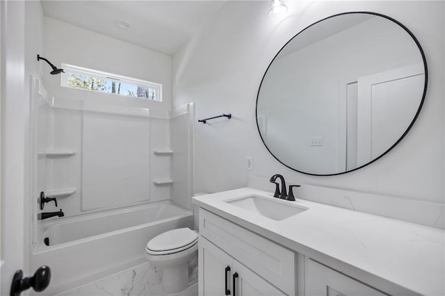 full bathroom featuring bathing tub / shower combination, marble finish floor, vanity, and toilet