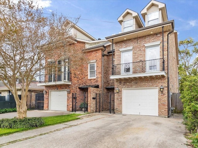 view of front of house featuring driveway, fence, brick siding, a garage, and a balcony