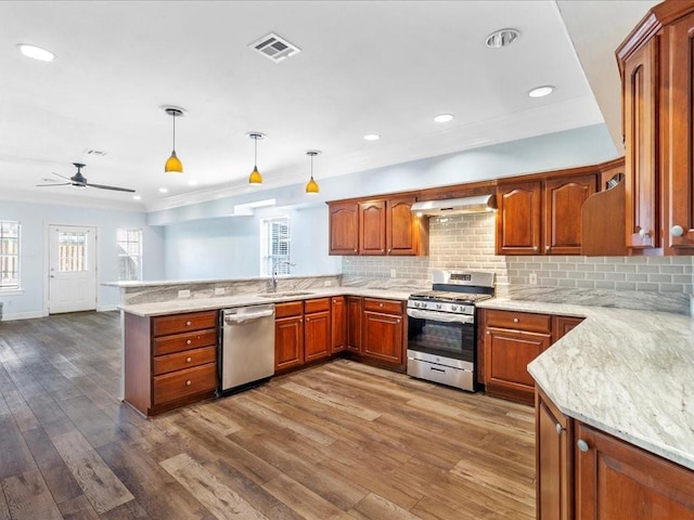 kitchen featuring a peninsula, plenty of natural light, stainless steel appliances, and a sink