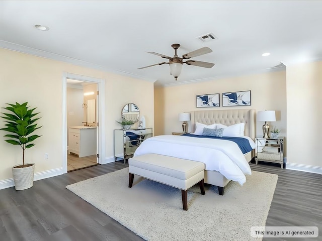 bedroom with recessed lighting, wood finished floors, visible vents, and baseboards