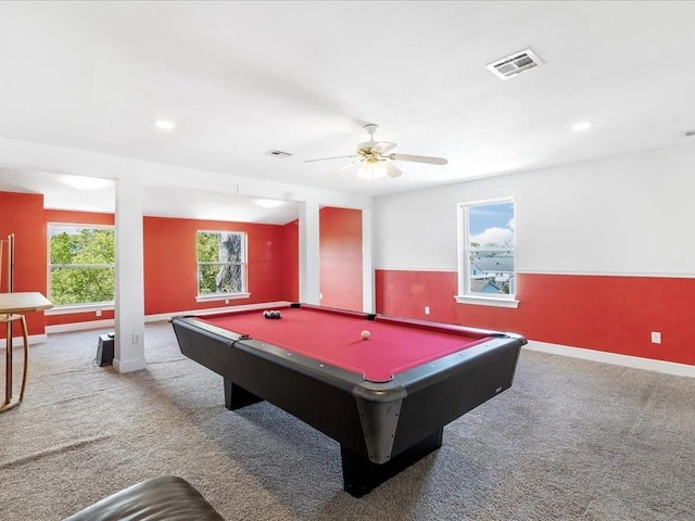 playroom with baseboards, visible vents, carpet floors, and billiards