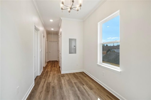 hall with crown molding, wood finished floors, baseboards, attic access, and electric panel