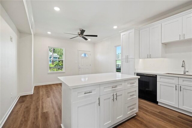 kitchen with recessed lighting, a ceiling fan, a sink, and dishwasher