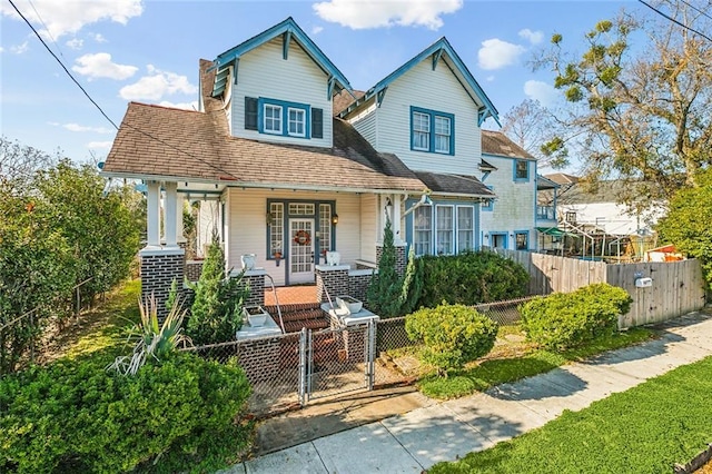 view of front of property featuring a fenced front yard, a porch, roof with shingles, a chimney, and a gate