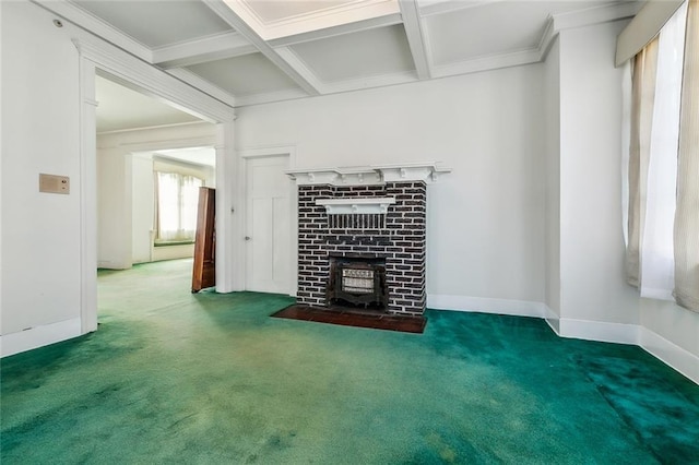 unfurnished living room with crown molding, baseboards, beamed ceiling, carpet flooring, and coffered ceiling
