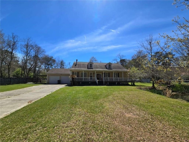 farmhouse-style home featuring fence, driveway, an attached garage, covered porch, and a front lawn