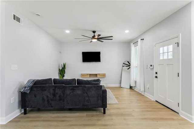 1413 Gordon St, New Orleans, LA 70117 - living room featuring a ceiling fan, light wood-style flooring, recessed lighting, and baseboards