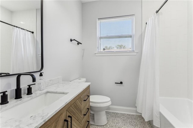 1413 Gordon St, New Orleans, LA 70117 - bathroom with toilet, tile patterned floors, vanity, shower / tub combo, and baseboards