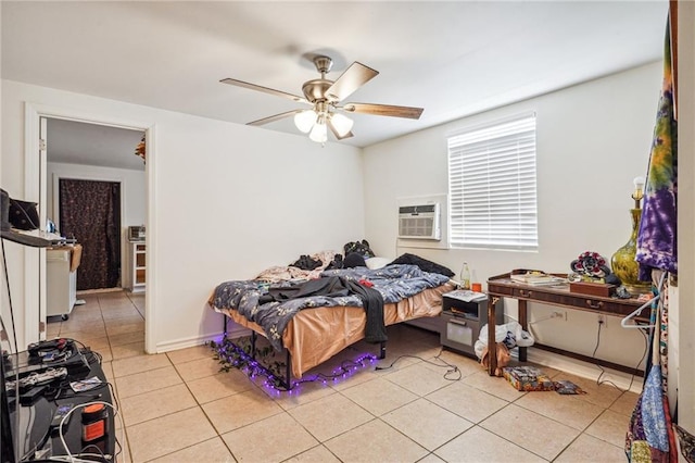 320709 Bienville St, New Orleans, LA 70119 - bedroom with a ceiling fan, a wall mounted AC, and light tile patterned flooring