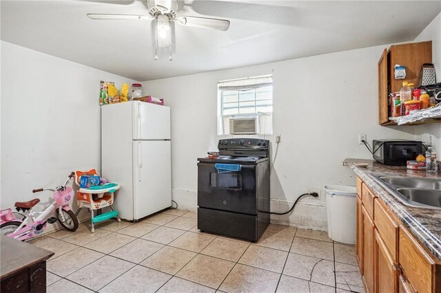 320709 Bienville St, New Orleans, LA 70119 - kitchen featuring a ceiling fan, light tile patterned flooring, black appliances, brown cabinets, and a sink