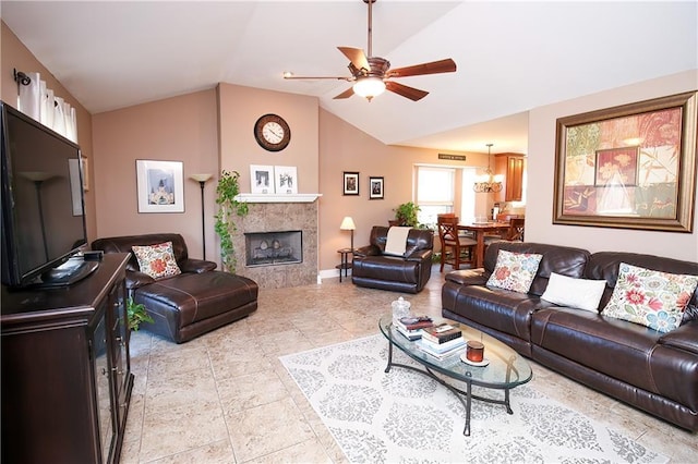 4504 Stella Dr, Meraux, LA 70075 - living area featuring ceiling fan with notable chandelier, a fireplace, baseboards, and lofted ceiling