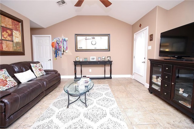 4504 Stella Dr, Meraux, LA 70075 - living area with a ceiling fan, visible vents, baseboards, lofted ceiling, and light tile patterned flooring